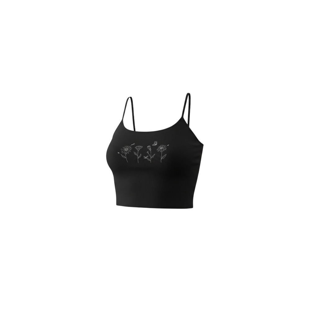 American Eagle Cami Crop Top Womens M Black Ribbed Floral Butterfly Graphic